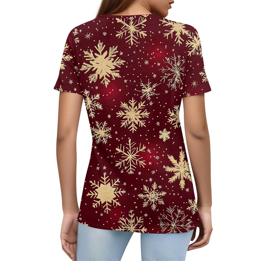 Women's T Shirt Christmas Print Button Short Sleeve Daily Weekend Fashion Basic V- Neck Regular Top