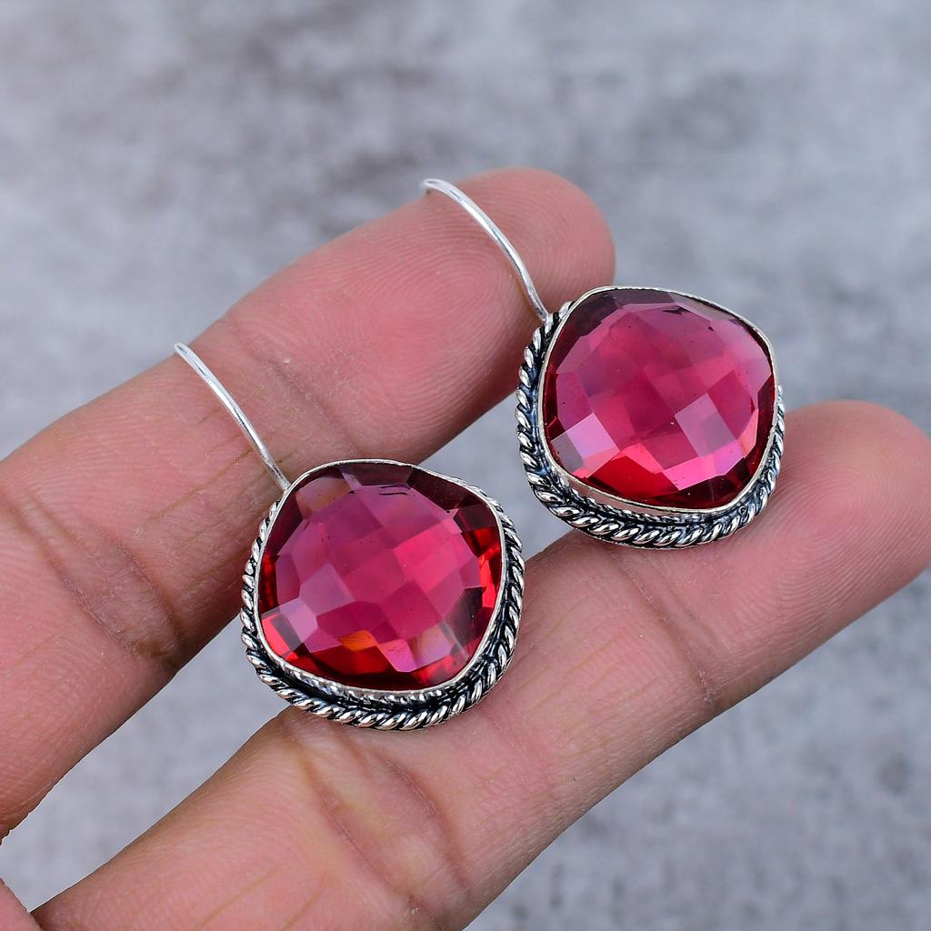 Pink Rubillite Gemstone Handmade 925 Sterling Silver Jewelry Earring 1.50" M-373