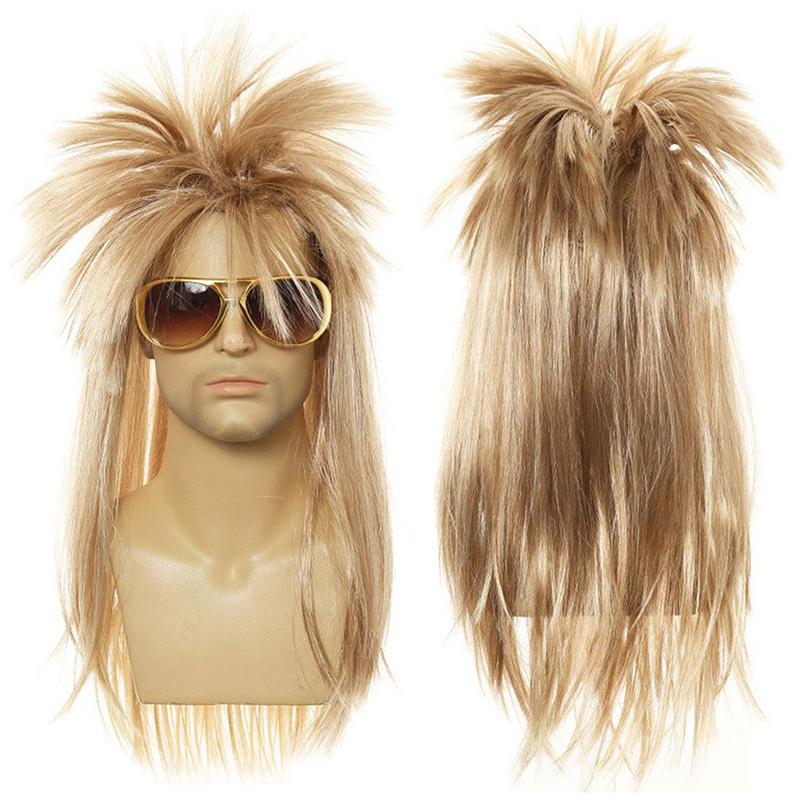 70er 80er Rocker Kostüm Heavy Metal Männer Frauen Perücke mit Bandana Sonnenbrille Halskette Party Bekleidung