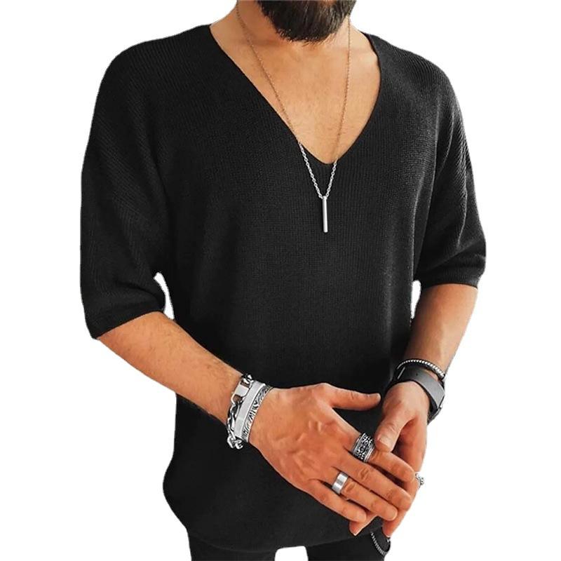 Herren einfarbiges V-Ausschnitt Strick-T-Shirt mit mittlerem Ärmel