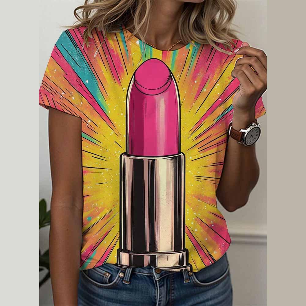 Girl 3D Printed Women's T-shirt Summer Round Neck Short Sleeved T-shirt