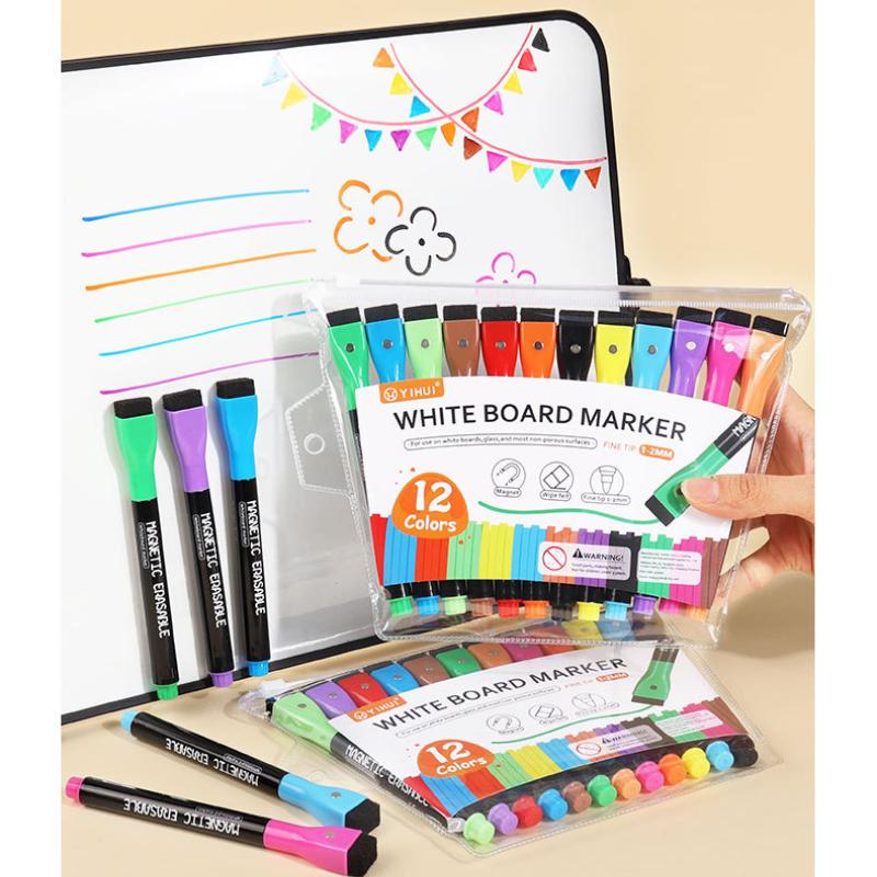 1 Set mit 12 Zeichenmarkern, magnetisches Set, Kreidemarker, Whiteboard, wasserbasierte Farbmarker, trocken abwischbare Marker mit Radiergummi, tragbar