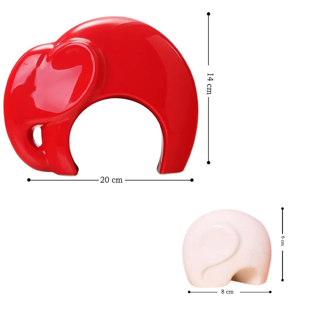 Home Décor Lucky Charm Elephant Mother and Kid Set | Piano Finish Ceramic Figures - (Set of 2 Piece, Red White)