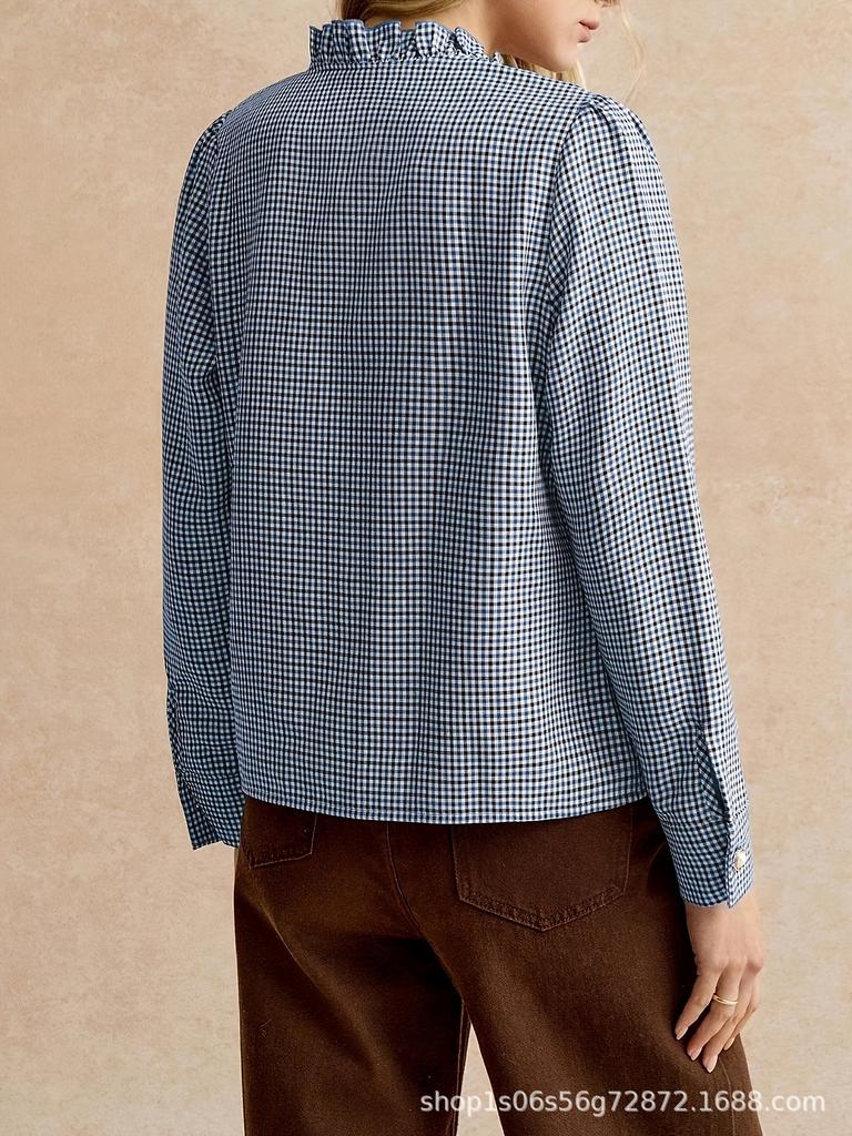 Houndstooth Ruffle Stand Collar Side-Opening Shirt for Commuting and Parties