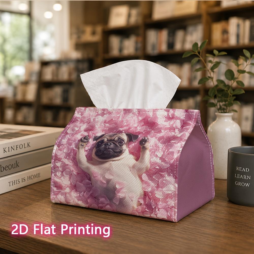 1pc, 2d Flat Printing, Tissue Box Cute Pug Pattern In Pink Petals Printed Tissue Box, Suitable for Bathrooms, Living Rooms, Bedrooms, Dressing Tables,