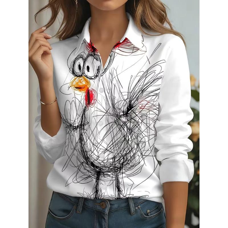 Camicia da Donna Stampata a Maniche Lunghe Moda Revers Casual Quotidiana Top da Donna