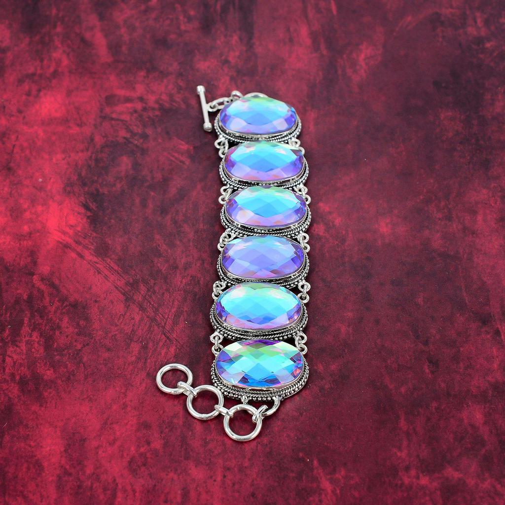 Fasetowany Mistyczny Topaz Ręcznie Robiona Biżuteria, Mistyczny Topaz Srebro Próby 925, Ręcznie Robiona Srebrna Bransoletka z Kamieniami Szlachetnymi Dla Miłości