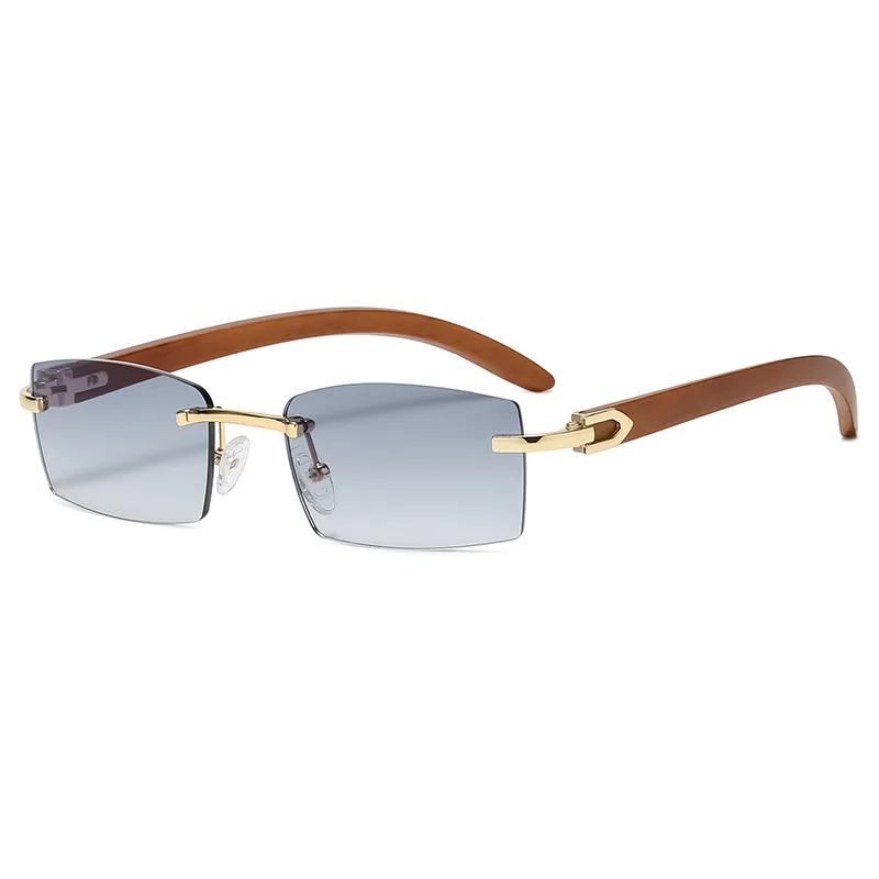 Rectangle Rimless Sunglasses for Women Men Retro Vintage 90s Gangster Trendy Wooden Frame Eyewear