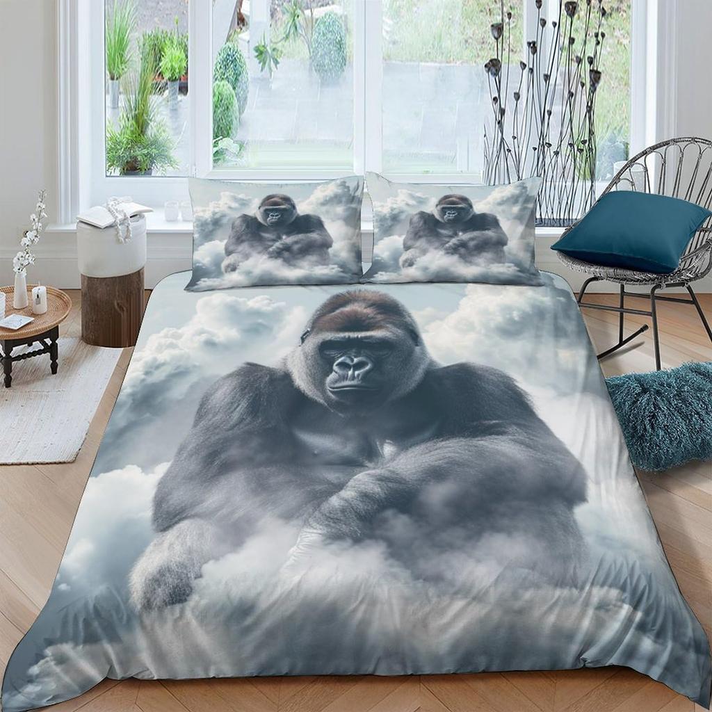 3D Gorilla Bettbezug Kopfhörer Gorilla Bettwäscheset Wildtiermuster Bettdeckenbezug Aquarell Blau Polyester Steppdeckenbezug