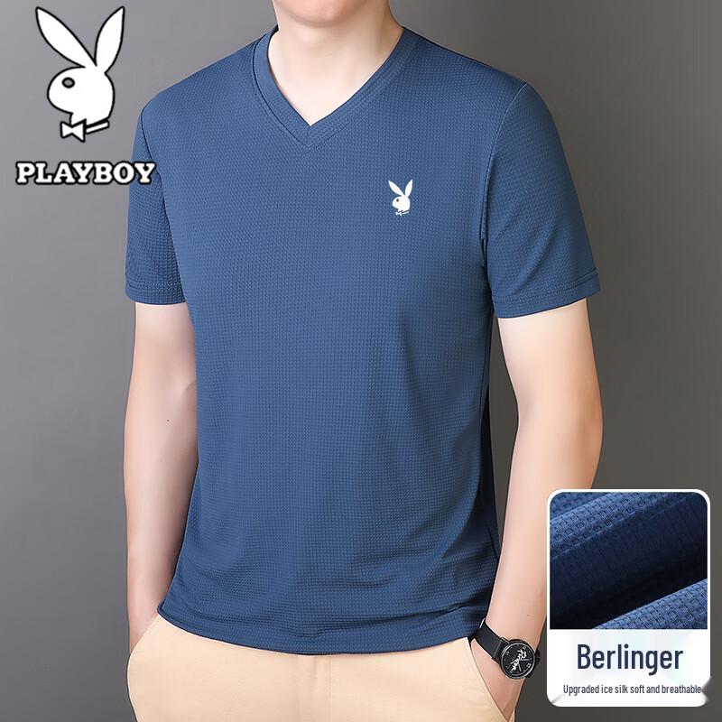 PLAYBOY Men's Ice Silk V-Neck Short Sleeve T-shirt