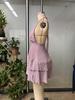 Women's Shiny Pink Deep V-neck Ruffled Slim Fit Dress