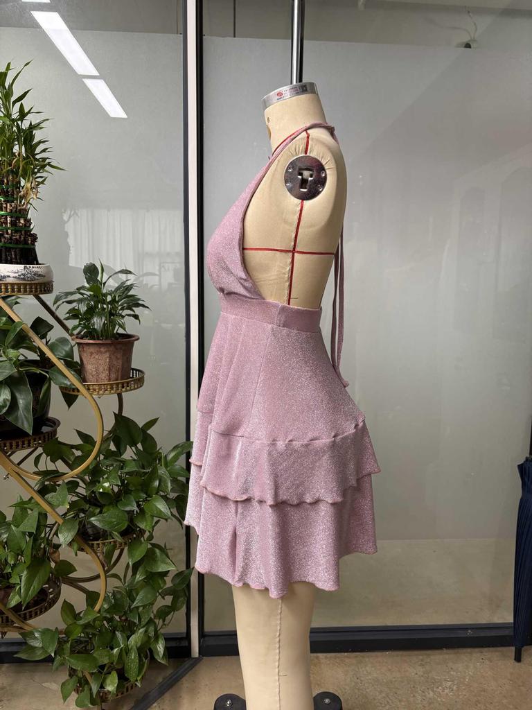 Women's Shiny Pink Deep V-neck Ruffled Slim Fit Dress