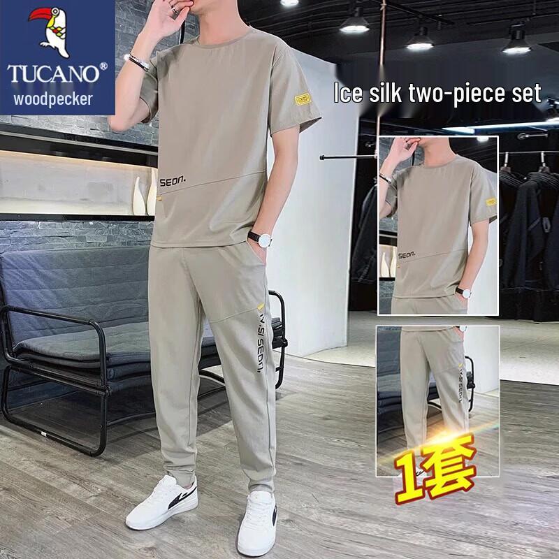 TUCANO Men s Ice Silk Round Neck Casual Two-Piece Set L