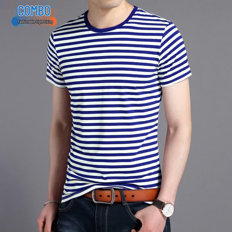 Kangbo Men's Mercerized Cotton Blend Striped Crew Neck T-Shirt