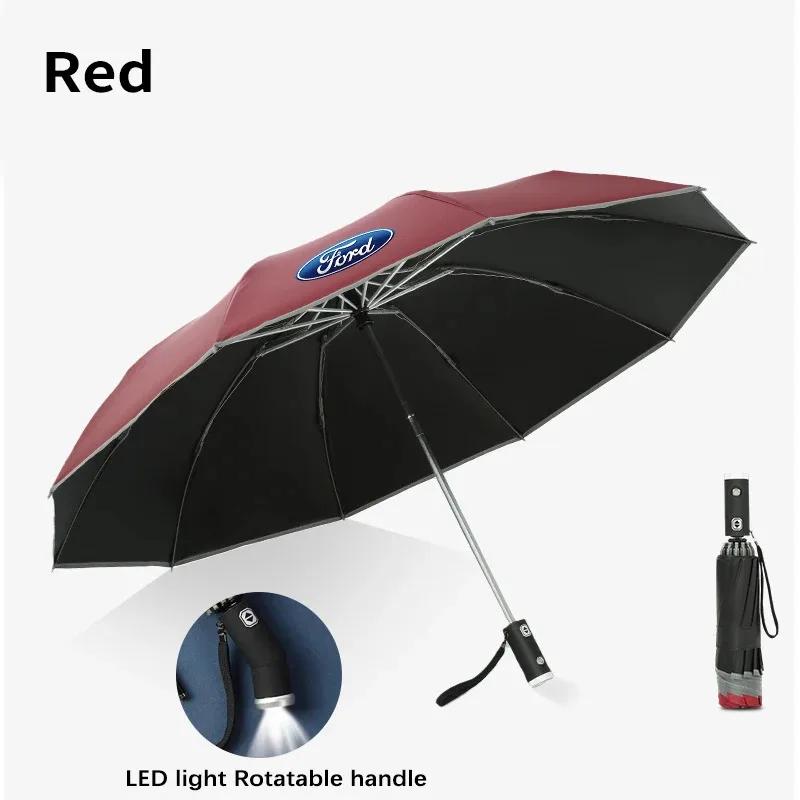 For Ford Mondeo Focus Raptor Puma Edge Explorer Ranger Fusion Kuga Car Led Light Automatic Folding Windproof Sunshade Umbrella APT1