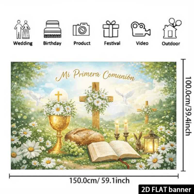 One Background Cloth for the First Communion Party with Golden Glitter and the Text "Mi Primera Comunión" As the Theme.