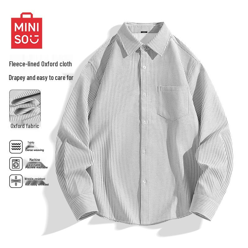 MINISO Men s Striped Oxford Fleece-Lined Shirt 2XL