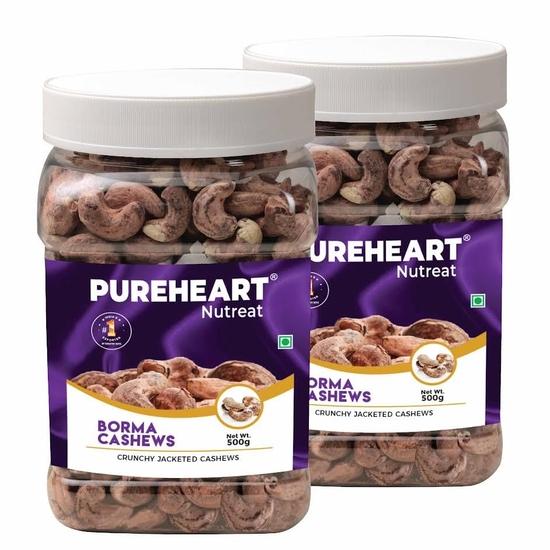 Pureheart Borma Cashews/Skin Unpeeled Cashews (500 gm, Pack of 2) Natural Whole Kaju- Nutty Flavor Cashew Nuts with Skin