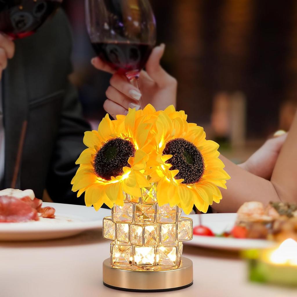 Sunflowers Flower Lamp Rechargeable Cordless Touch 3-Colour Infinitely Dimming Small Night Light Crystal Table Lamp Gifts for Women,Home Decor.