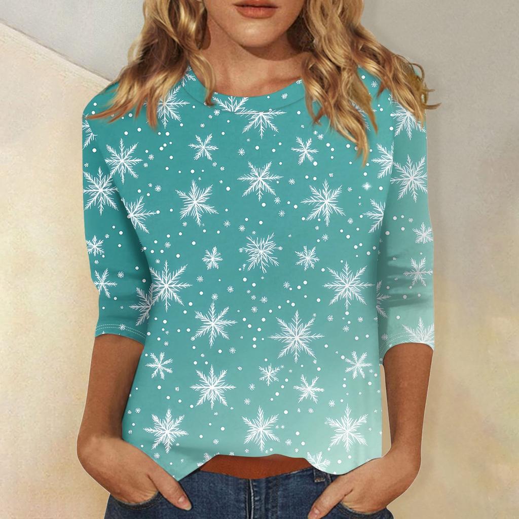 Women's Fashionable Casual Three Quarter Sleeve Christmas Printed Collar Pullover Top