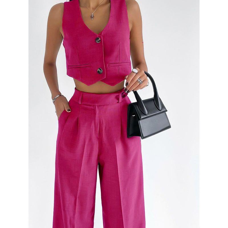 

2023V Neck Slim Fit Vest Top Straight Leg Pants Set Suit Pink L
