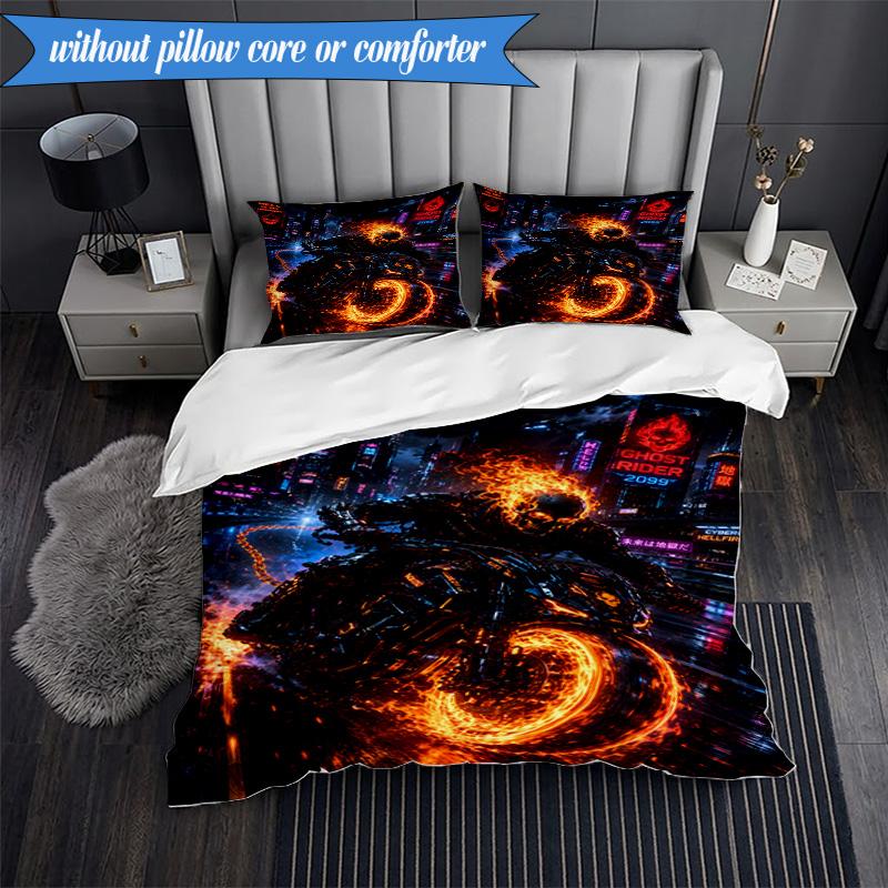 3PCS Ghost-Rider On Fire Bedding Set,Including 1pc Duvet Cover And 2pcs Pillowcases Perfect for Bedroom, Dormitory, Fan Christmas gift
