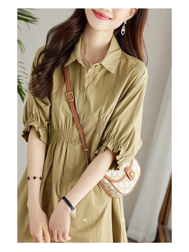 Women's Asymmetrical Pleated Shirt Dress with Waist-Slimming Design and Lantern Sleeves