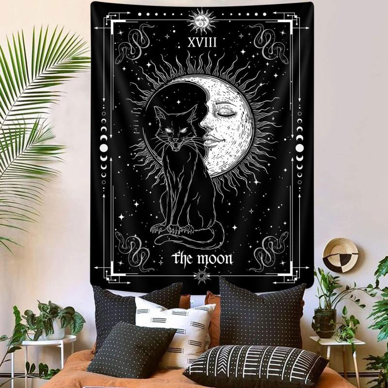 Mond Tarot Wandteppich Schwarze Katze Okkultismus Menschliches Gesicht Stern Mond Muster Wohnzimmer Schlafzimmer Akzentwand Dekoration