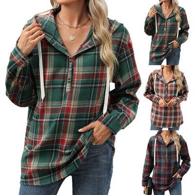 2024 Autumn And Winter New Loose Long Sleeved Hooded Button Checkered Jacket Hoodie For Women
