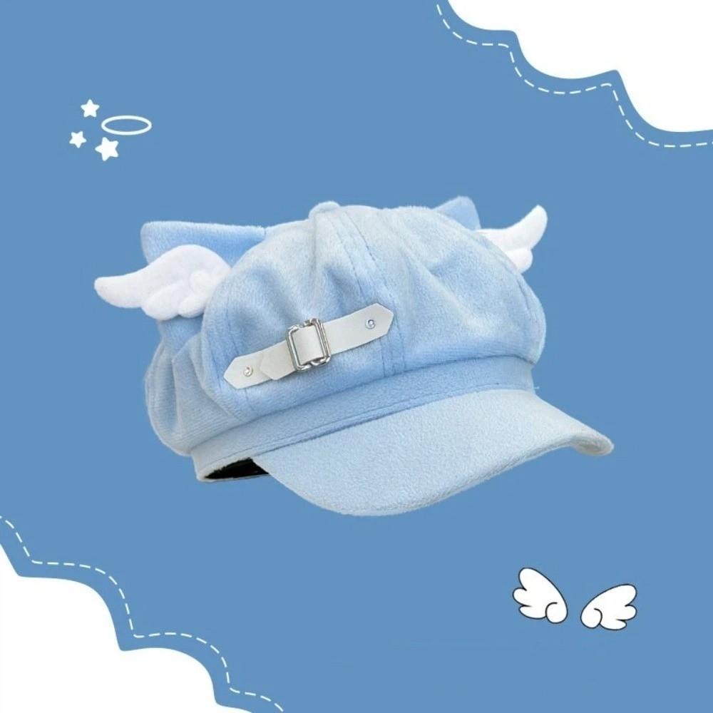 Leather Buckle Newsboy Cap Mini Wing Decor Streetwear Hat Harajuku Cat Ear Beret Hat  Daily