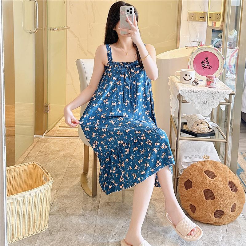 Cotton Nightdress Women'S Summer Thin Pajamasspring And Autumn Cotton Korean Cute Casual Print Dress Loungewear