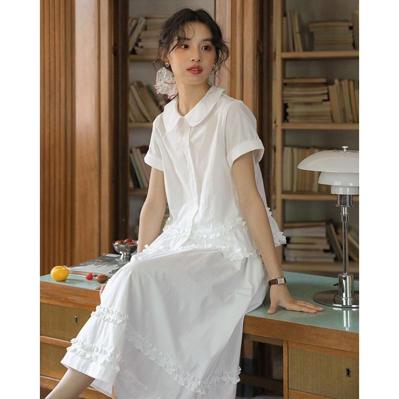 Literary white lace short-sleeved shirt top women + skirt
