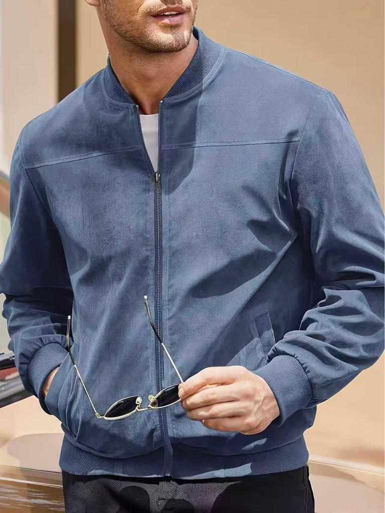 Men's Suede Zip Jacket - Casual Retro Long Sleeve Cardigan Coat
