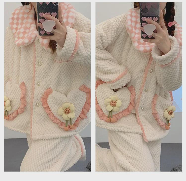 Women's Cute Rose Print Flannel Pajamas with Doll Collar – Cozy, Thick, and Warm for Autumn and Winter