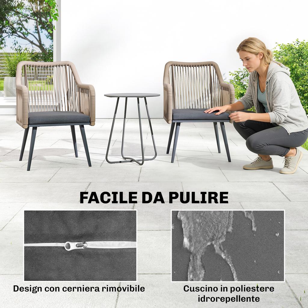 Set aus 2 Gartenstühlen mit Kissen und Armlehnen, aus Stahl und PE-Rattan, 54x65x80 cm, Dunkelgrau