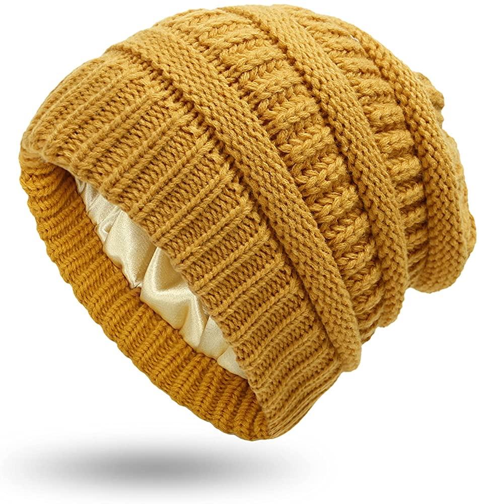 Womens Winter Warm Knitted Hat Satin Silk Lined Cable Knit Beanie Chunky Slouchy Skull Cap