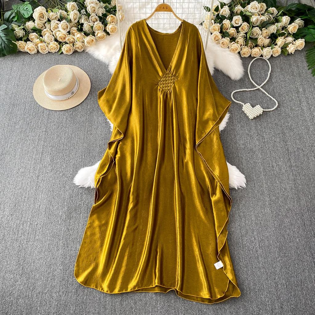 Vestido Feminino Longo de Cetim com Estampa Étnica Retrô, Decote V, Manga Sino, Corte Solto que Disfarça a Barriga, Emagrecimento, Temporada de Outono