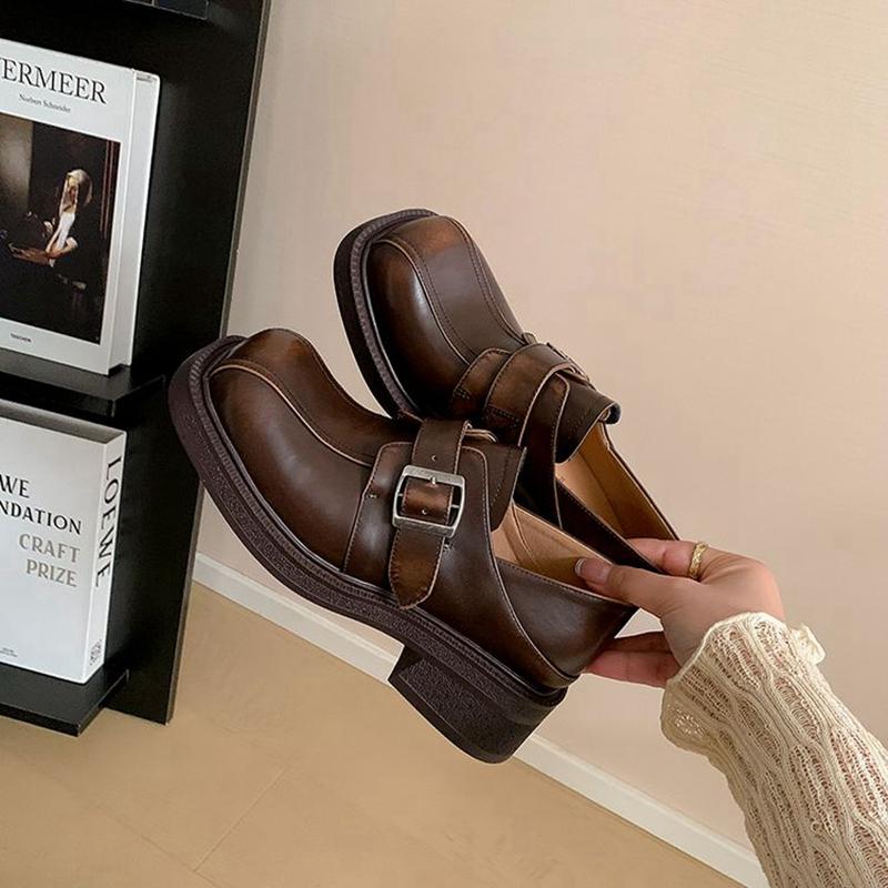 Fashion Women's New Leather Cowhide Round Toe Mid Heel Metal Belt Buckle College Style Single Shoe Thick Sole Retro Casual Shoes