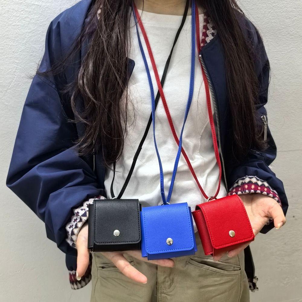 

PU Leather Lanyard Lipstick Bag Portable Small Coin Purse Retro Hanging Neck Headphone Bag Women