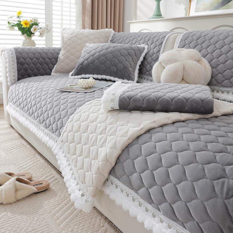 Cream Wind Crystal Fleece Sofa Cushion  Winter New Thickened Plush Seat Cushion Living Room Non-Slip Sofa Cover