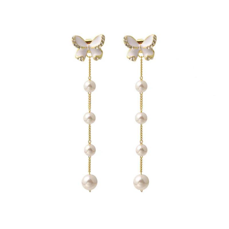 2023 New S925 Sterling Silver Pearl Bow Earrings with Long Tassel & Two-Way Butterfly Design