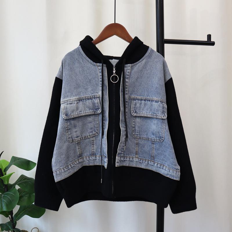 Hooded zipper splicing denim knitted double-sided cardigan autumn and winter new loose casual sweater jacket women