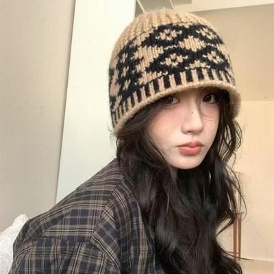 Knitted Hat Women's Autumn and Winter Wool Blended Retro Wool Hat Warm Big Head Circumference Cold Hat Headgear Hat