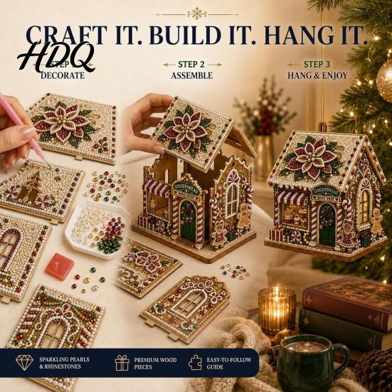 DIY Weihnachtsornament-Set 3D-Haus Kunst-Set mit Kunstperlen Handgemaltes Strassstein-Malerei Hüttenmontage für Erwachsene Tisch-Weihnachtsbaum Aufhängbar Perlenbesetzt