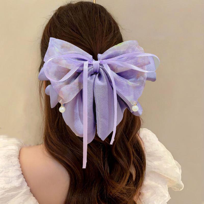 Clips de păr coadă de cal cu fundă florală din șifon făcută manual pentru păr voluminos