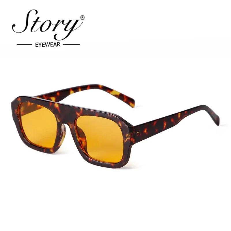 STORY Fashion Flat Top Large Square Sunglasses Women Men New Designer Trendy Leopard Blue Lens Oversize Sun Glasses S3917