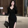 Y2k Bodycon Hood Dress Women Fall Casual Wrap Split Hooded Dresses Korean Fashion Kpop Long Sleeve Robes Female