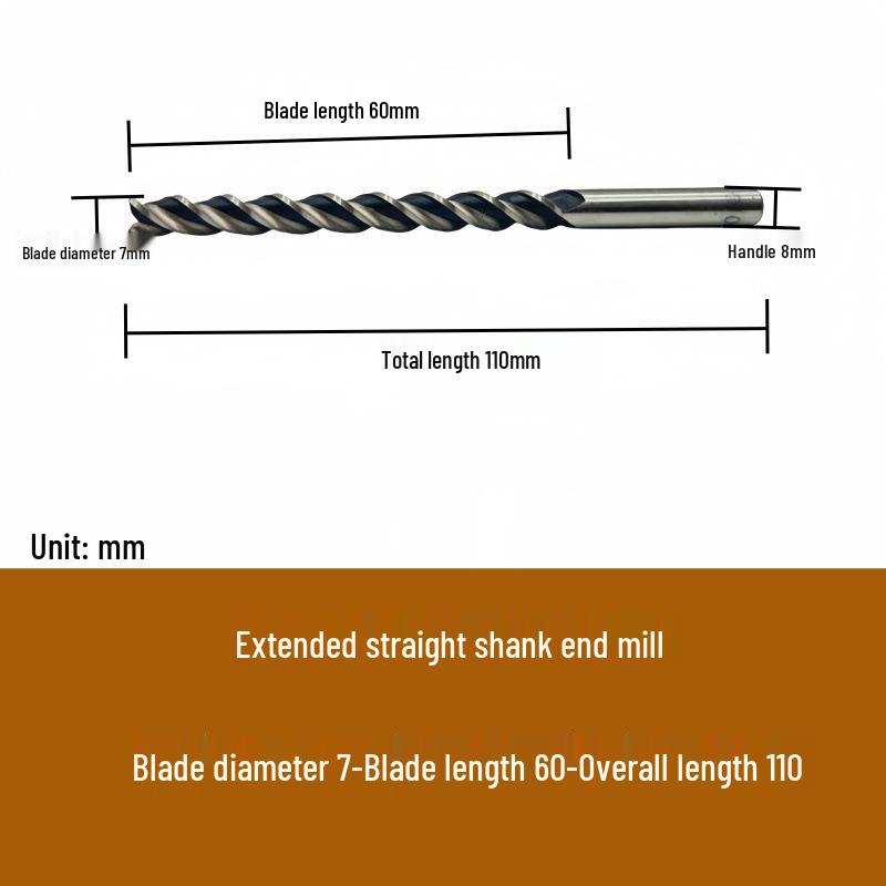 High-Speed Steel Extended Straight Shank Three-Flute End Mill, 2.5-10mm, White Steel