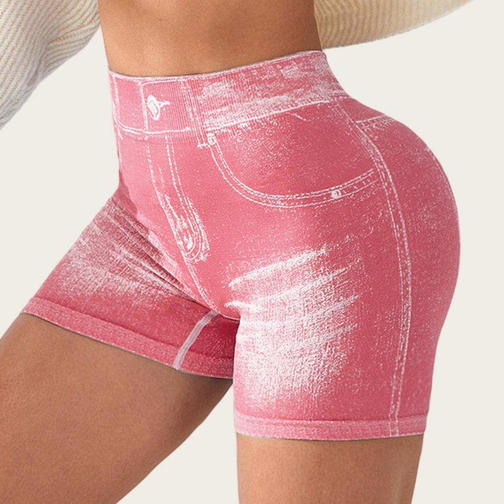Shorts de Yoga Sexy Sans Coutures Imitation Denim pour Femmes Leggings de Sport pour la Course à Pied Féminins Ruchés Skinny Gym Fitness Pantalon Court