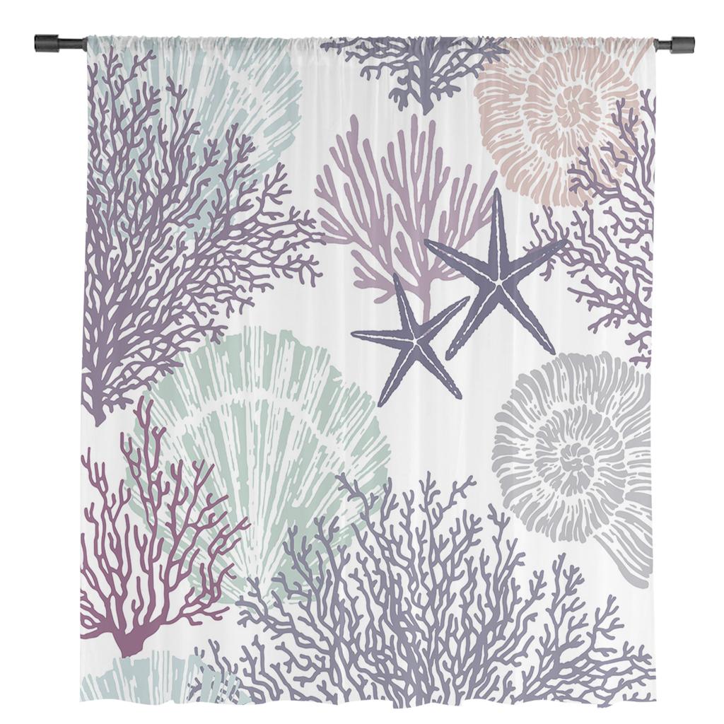 Ocean Coral Shell Starfish Geometric Abstract Texture Sheer Window Curtain Tulle Curtains for Livingroom Home Decor Voile Drapes